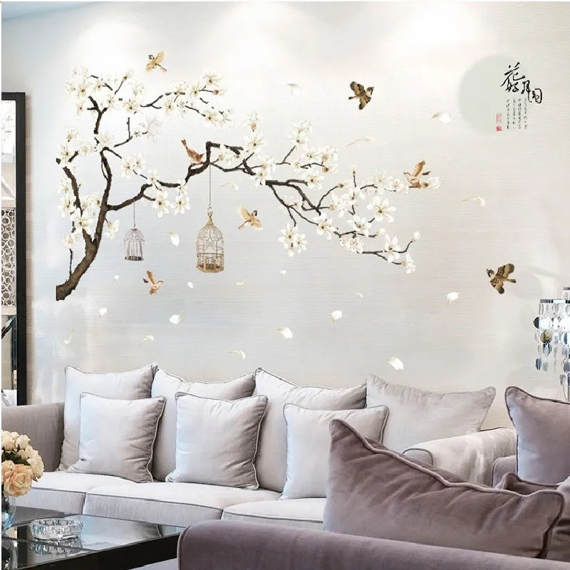 Large Tree Wall Stickers with Birds and Flowers