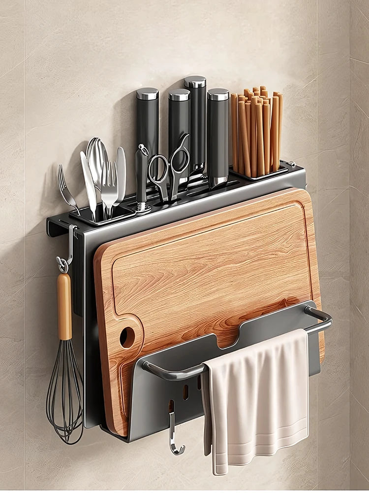 Wall-Mounted Kitchen Organizer - Integrated Knife, Chopstick, and Utensil Holder with Draining System