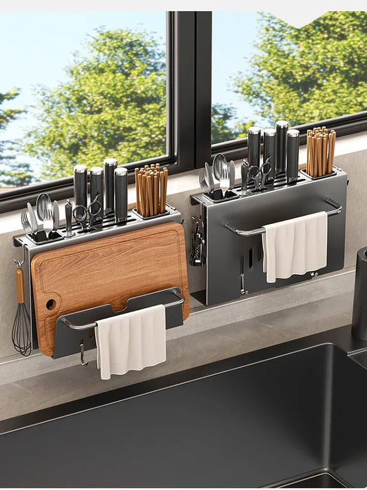 Wall-Mounted Kitchen Organizer - Integrated Knife, Chopstick, and Utensil Holder with Draining System